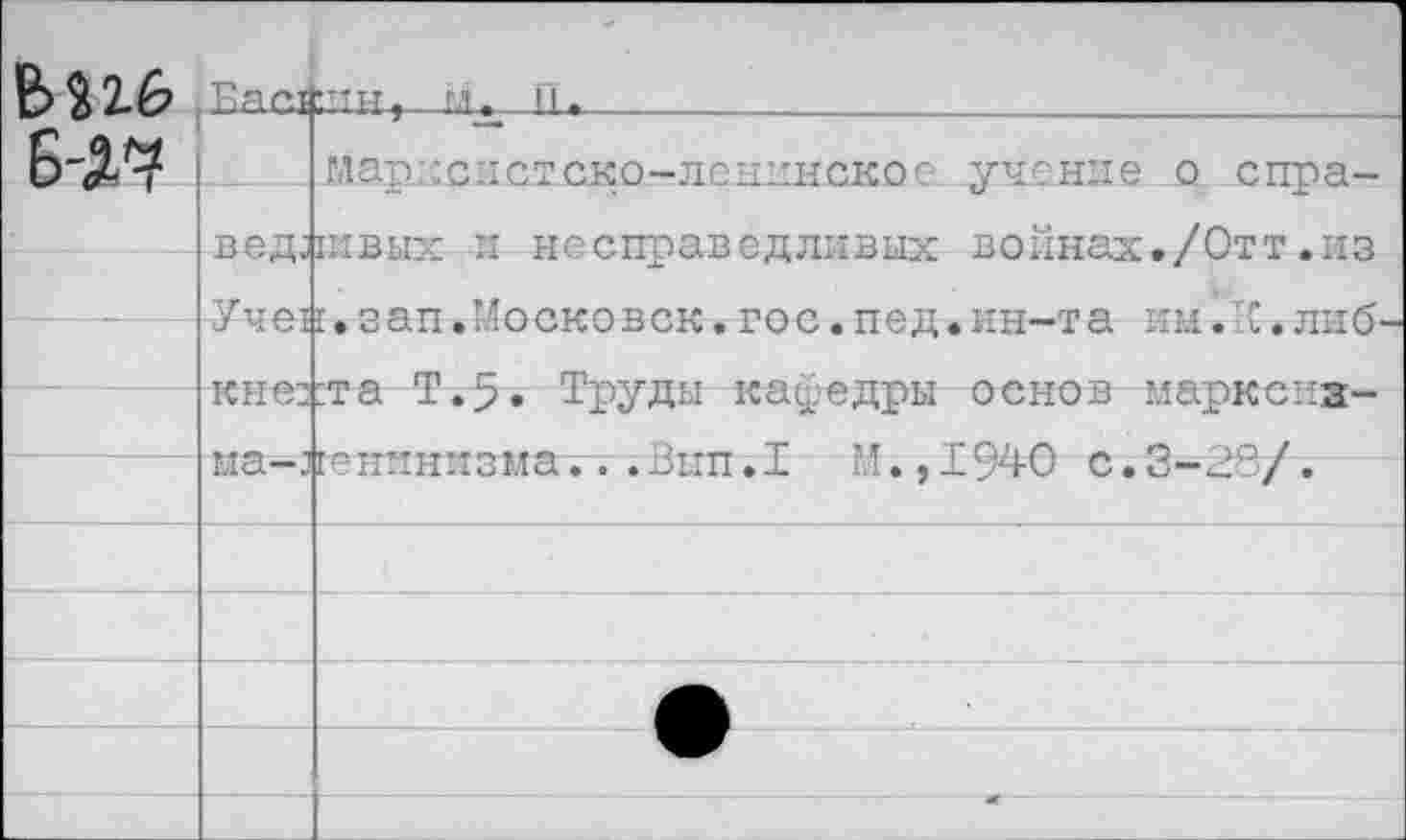 ﻿	'рясй	•тти, М. II.	
Б-5Я		марксистско-ленинское учение о спра-
	вед; Уче1	1ивых -и несправедливых войнах./Отт.из I •з ап•Моско век•го с•пед•ин-та им1К.либ-:та Т.5. Труды кафедры основ марксиз-[енннизма. . .Вып.1 М.,1940 с.3-28/.
		
	кнез	
	ма—з	
		
		
		
		
		